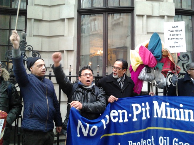 Community activists (from left) of Swadhinota Trust, the UK branch of National Committee and Bangladesh Workers Party (UK branch) chanted slogans defying the company's CEO Gary Lye's pervasive propaganda about the protesters in Phulbari. Photo: P V. Dudman