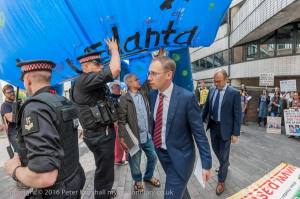 This is how the Vednata board members enter amidst protest and under the shadow of a monster on Friday Phto Peter Marshall